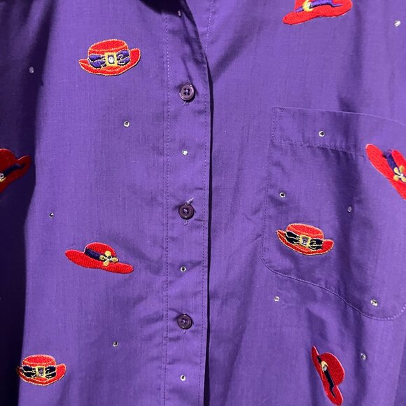 Lysa Jane Collection Button Up Down Shirt Hat Appliques XL Women's Purple Cotton - Picture 3 of 6